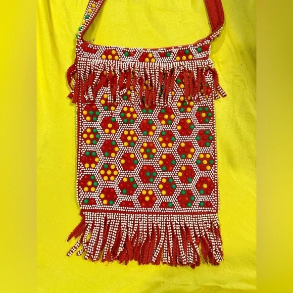 Vintage Beaded Fringe Shoulder Bag Crossbody Red Boho Ethnic Festival Purse HK - Picture 10 of 15